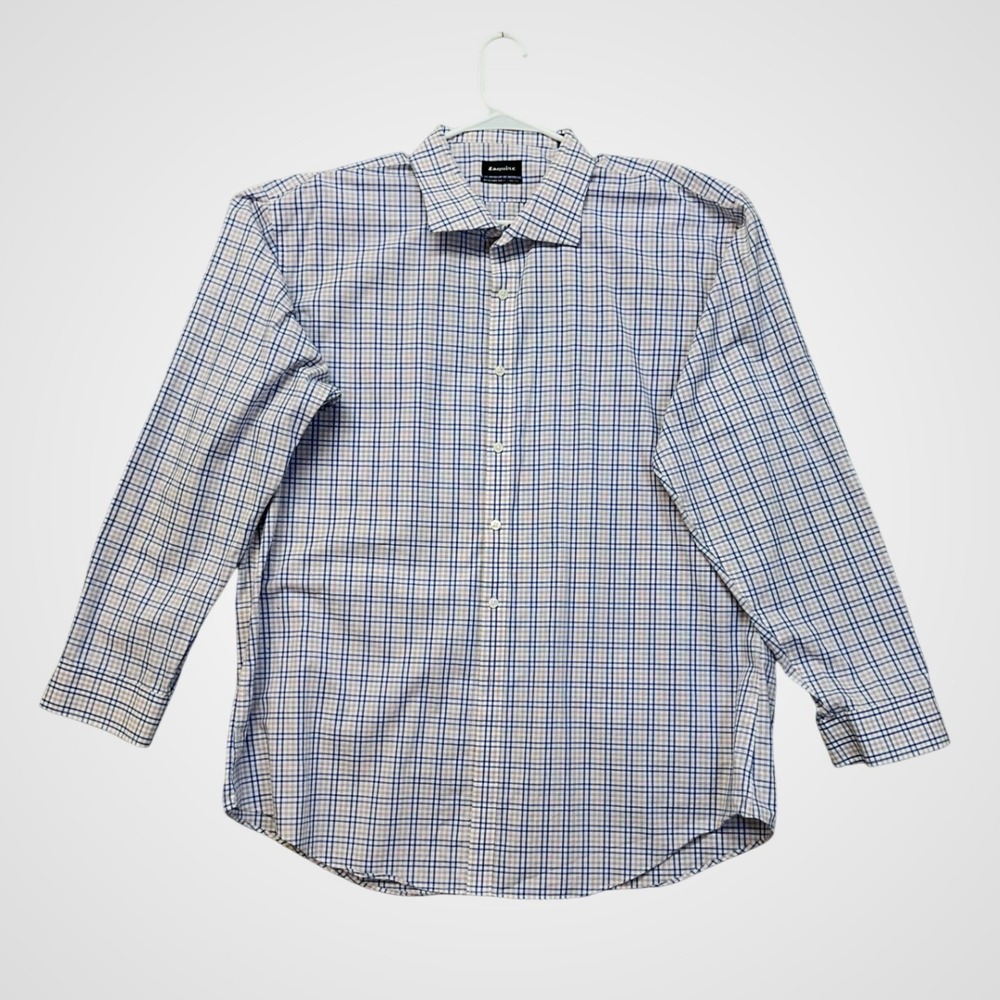 Esquire Dress Shirt Mens 18.5 36/37 Tall‎ Blue Pink Check Performance Slim Fit